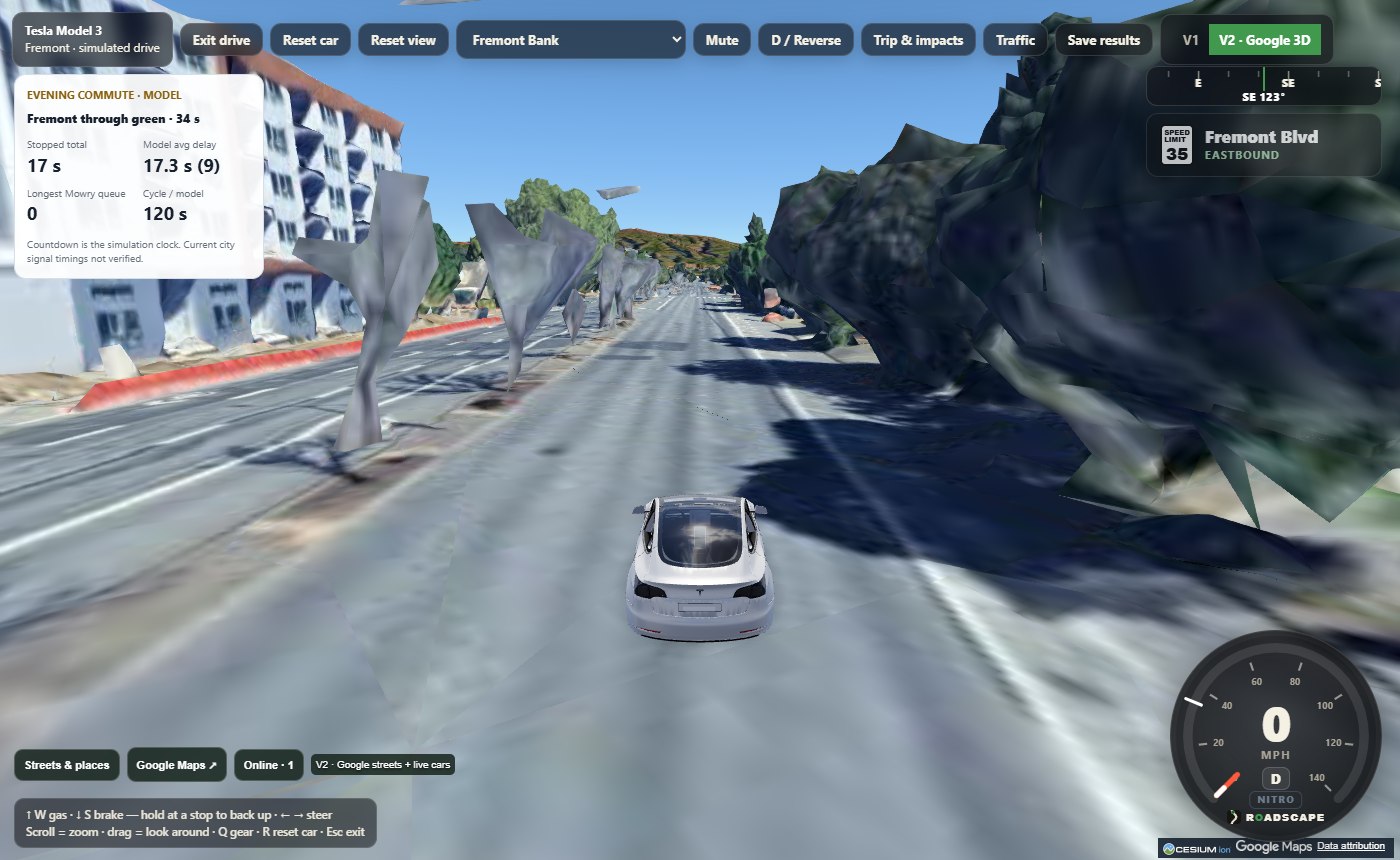 Roadscape V2 gameplay with Google 3D surroundings