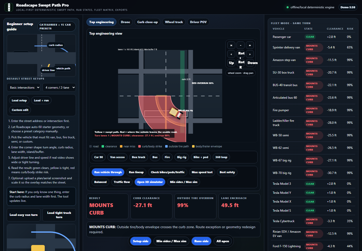 Roadscape swept path and simulator workflow cycling through six scenarios