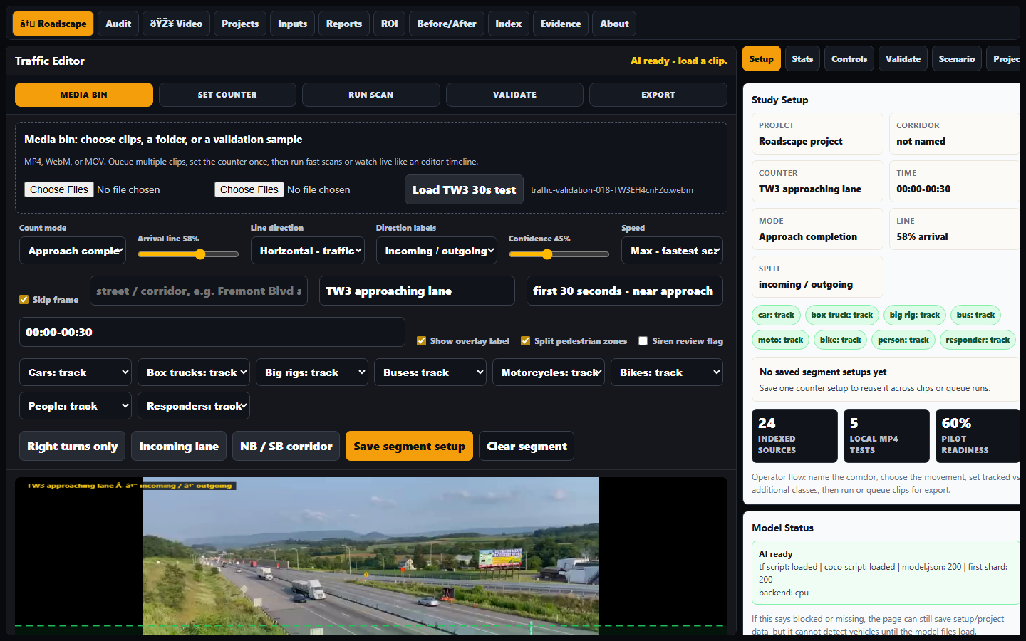 Roadscape Traffic Editor with real TW3 traffic clip loaded